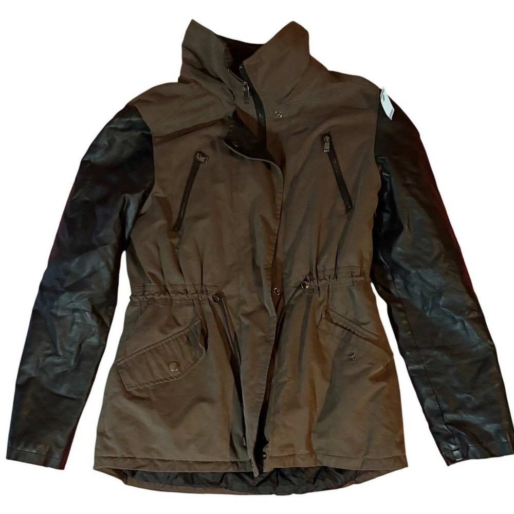 METAPHOR Jacket Olive Green Faux Leather Sleeve Moto Utility Drawstring Womens M